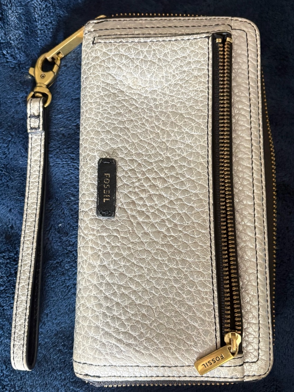 Fossil Metallic Silver Leather Wristlet with Gold Hardware